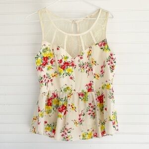 Under Skies Peplum Top Size M Floral Lace Yoke Sleeveless Cream Sweetheart
